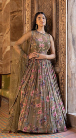 Green Floral Print Anarkali With Embroidered Bodice - Basanti Kapde aur Koffee