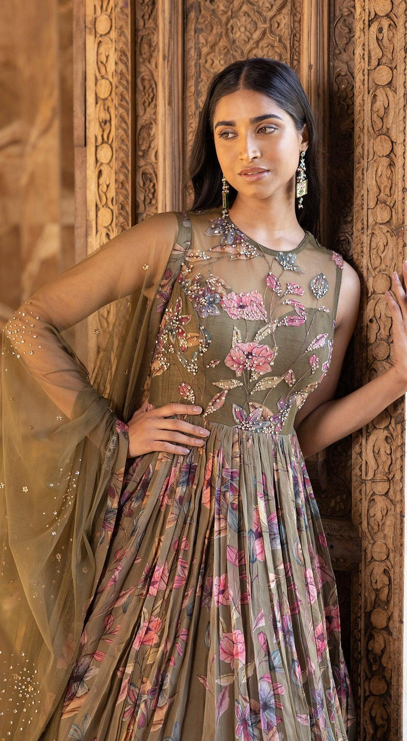 Green Floral Print Anarkali With Embroidered Bodice - Basanti Kapde aur Koffee