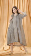 Grey Self Striped Printed Tunic Dress With Jacket Having Mirror Embroidery-GREY - Basanti Kapde aur Koffee