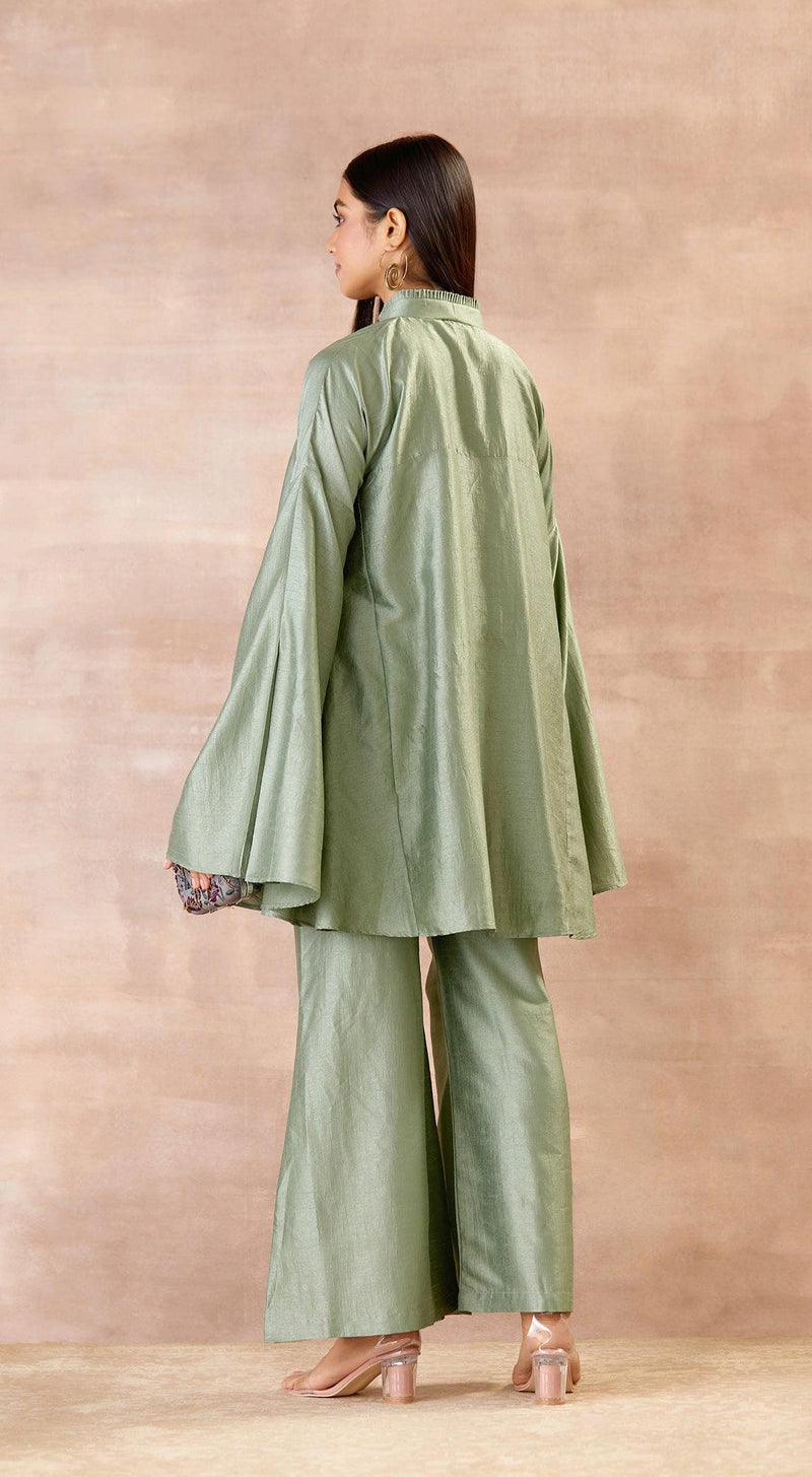 Metallic Green Cord Set with Flared Sleeves and Pants - Basanti Kapde aur Koffee