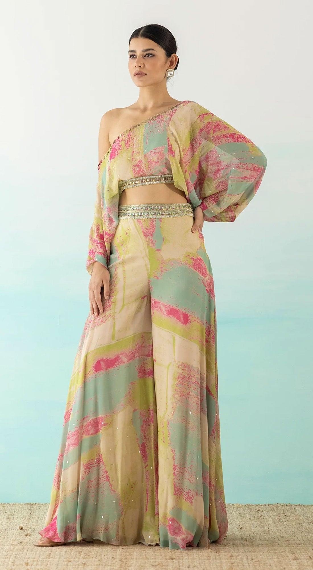 Multicolor One Shoulder Crop Top And Palazzo Set – Basanti Kapde