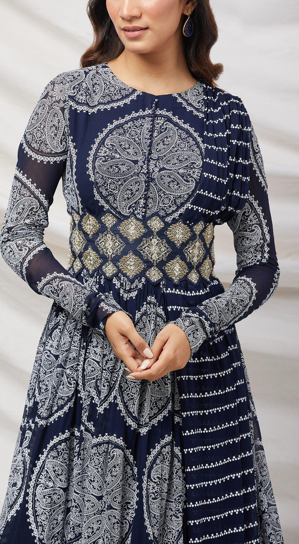 Printed Blue Anarkali Set With Embroidered Belt - Basanti Kapde aur Koffee