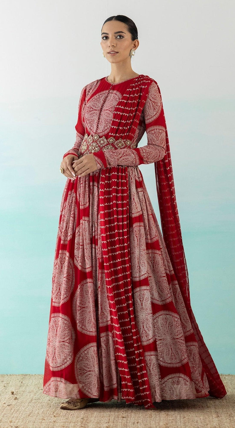 Printed Red Anarkali Set With Embroidered Belt - Basanti Kapde aur Koffee