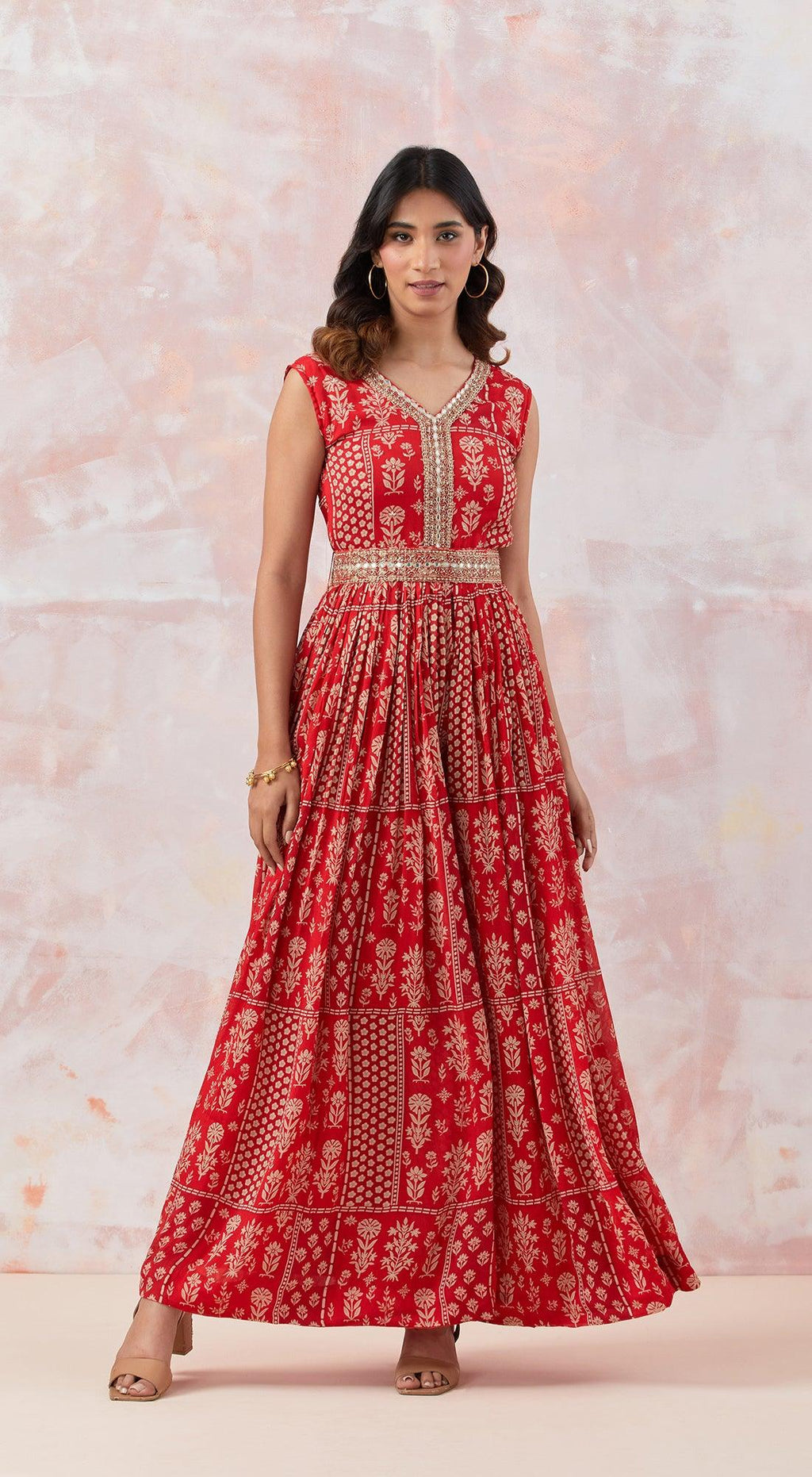 Red Jumpsuit With Embroidered Belt - Basanti Kapde aur Koffee