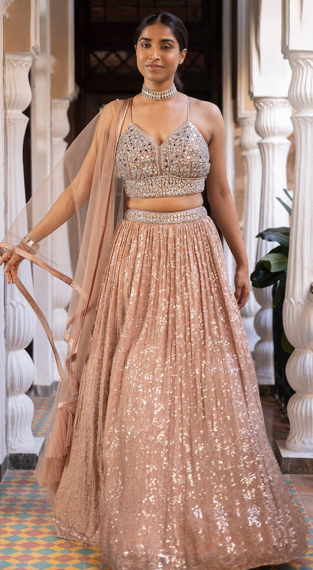 Rose Gold Sequins Lehenga Set Basanti Kapde aur Koffee