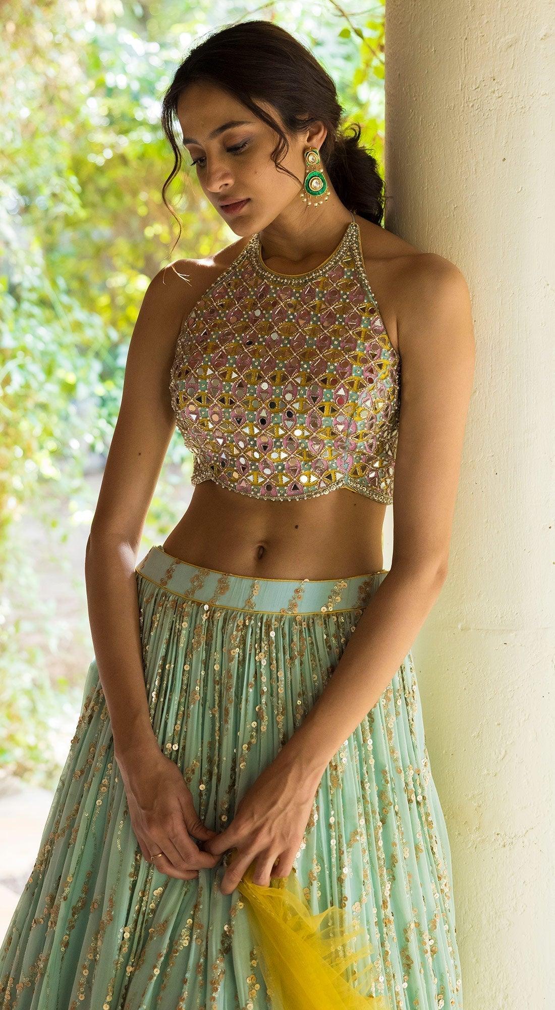Sequinned Flared Lehenga Set With Mirror Blouse BLUE Basanti Kapde aur Koffee