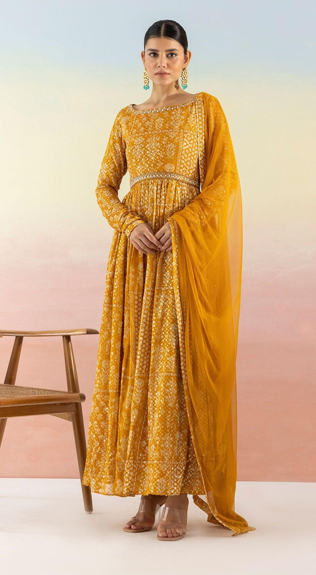 Yellow Sequin Embroidered Anarkali WIth Belt - Basanti Kapde aur Koffee